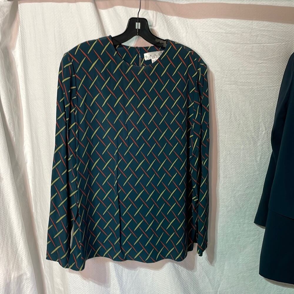 Grace Elements M deep teel 💯 silk blouse lime coral accents euc worn once